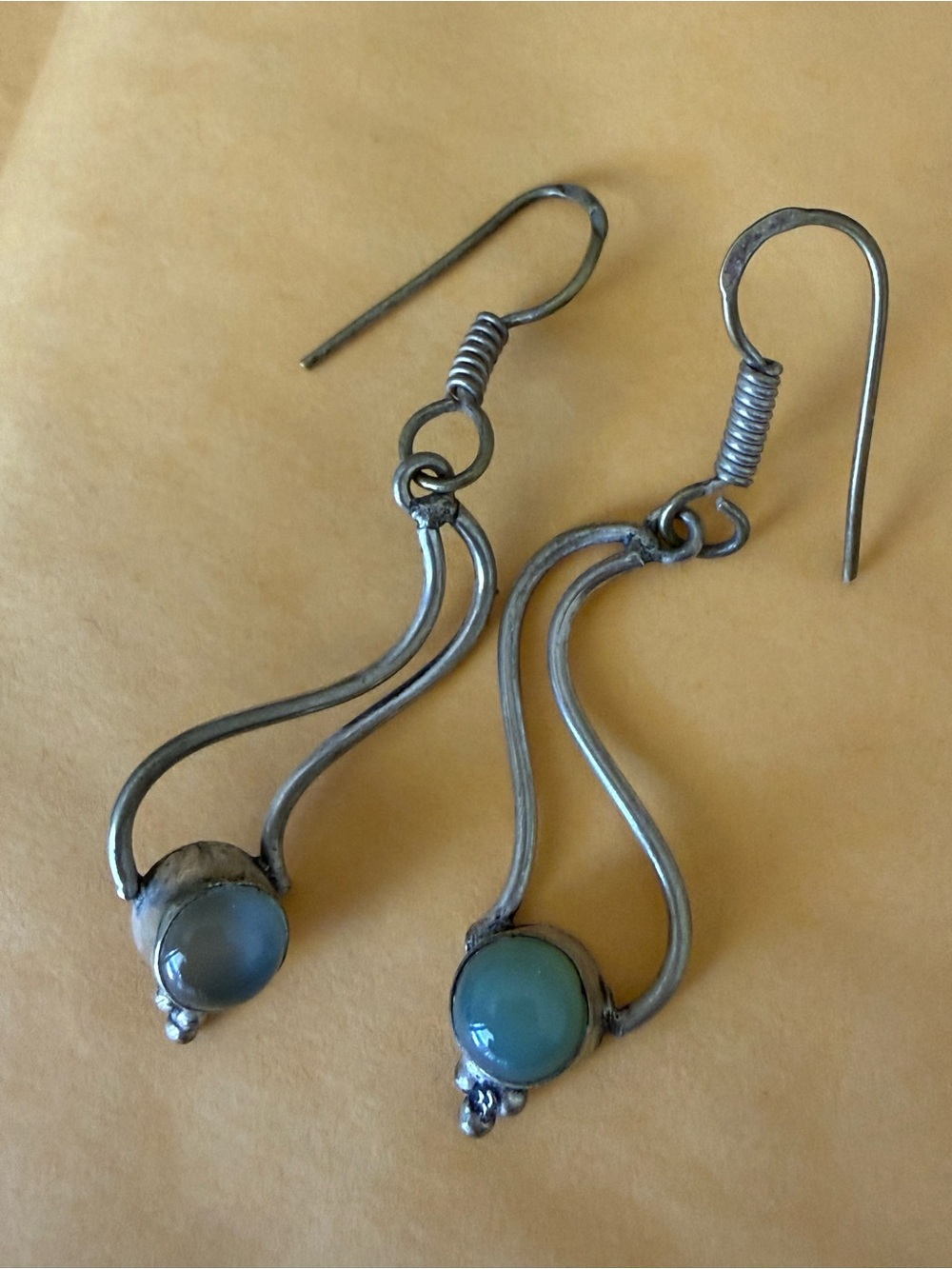 Sterling silver Calcedony ? or Moonstone? long dangling earrings